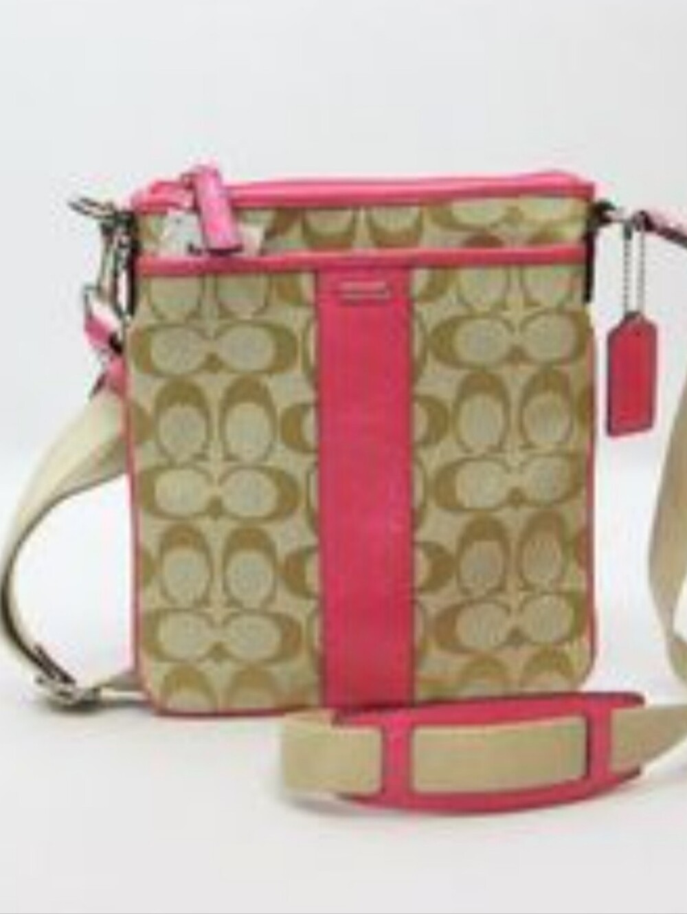 Coach Khaki Signature Canvas Crossbody with Pink Trim With Hang Tag Back Pocket